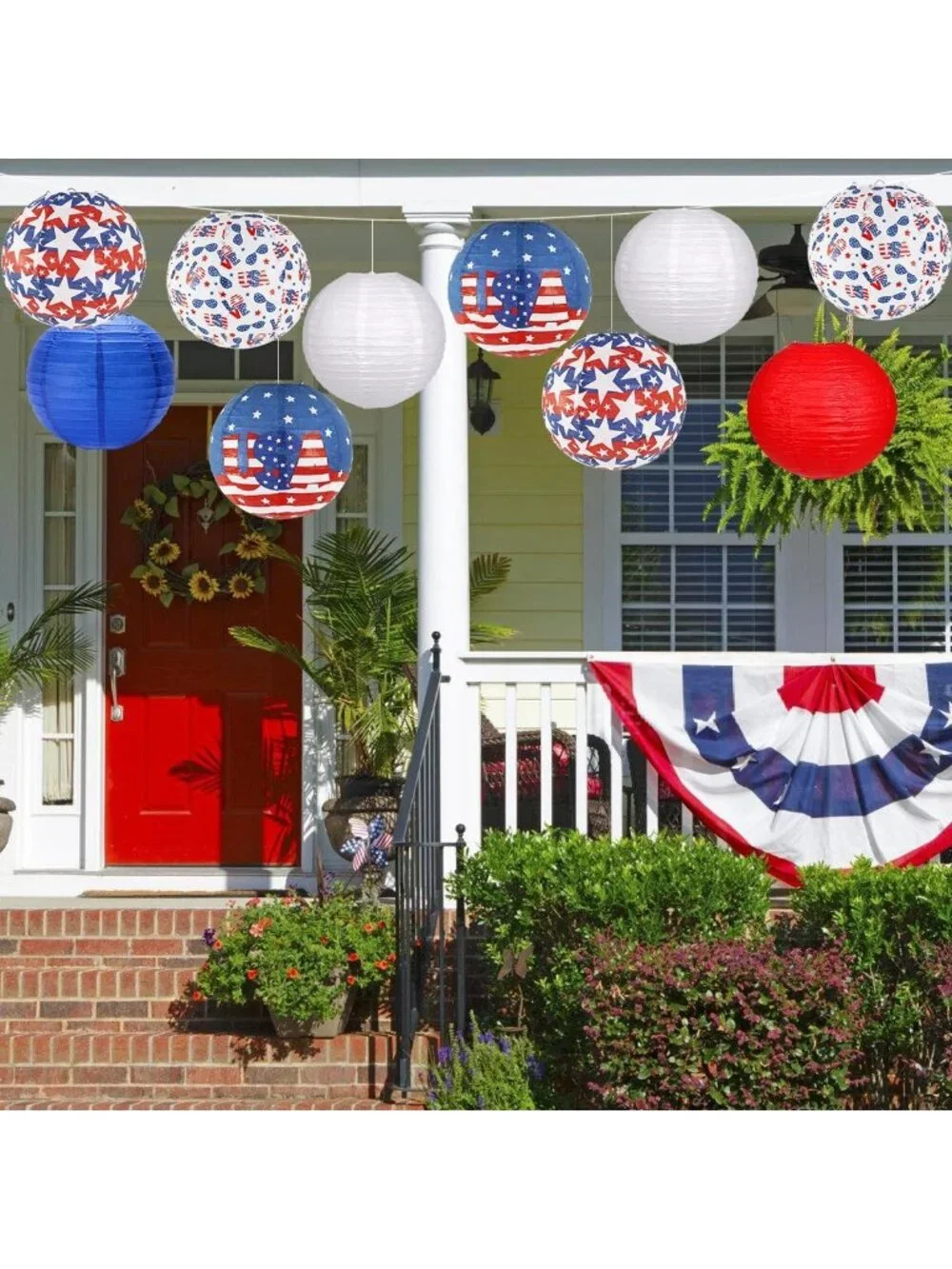 Patriotic Red White Blue Hanging Paper Lanterns - 10 Pack for 4th of July Decor